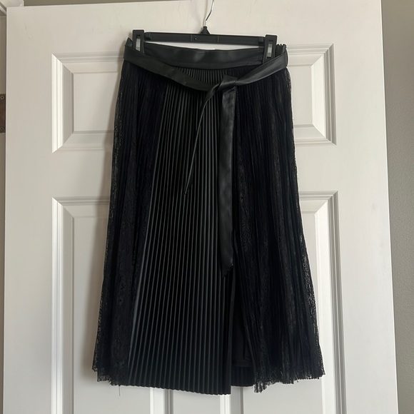 Zara Dresses & Skirts - Zara Black Leather and Lace Pleated midi skirt with tie belt